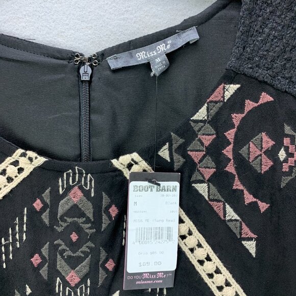 Miss Me‎ Dress Womens Medium Shift Black Faux Suede Embroidered Short Sleeve - Picture 14 of 15